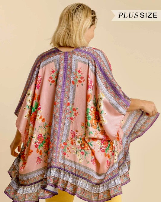 Plus Size Open Front Pink Floral Mix Print Side Slit Kimono