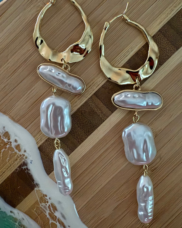 White Fresh Water Pearl  & Gold Teardrop Multi Dangle Earrings