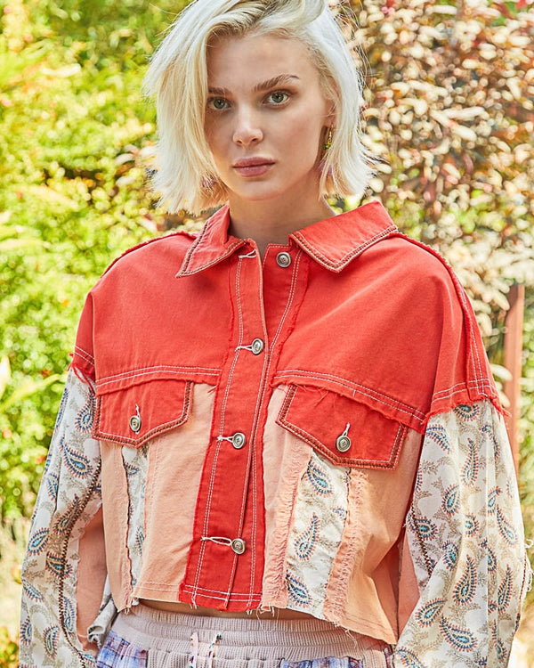 Cotton Orange Coral Mix Media Boho Button Down Long Sleeve Crop Hi Lo Jacket