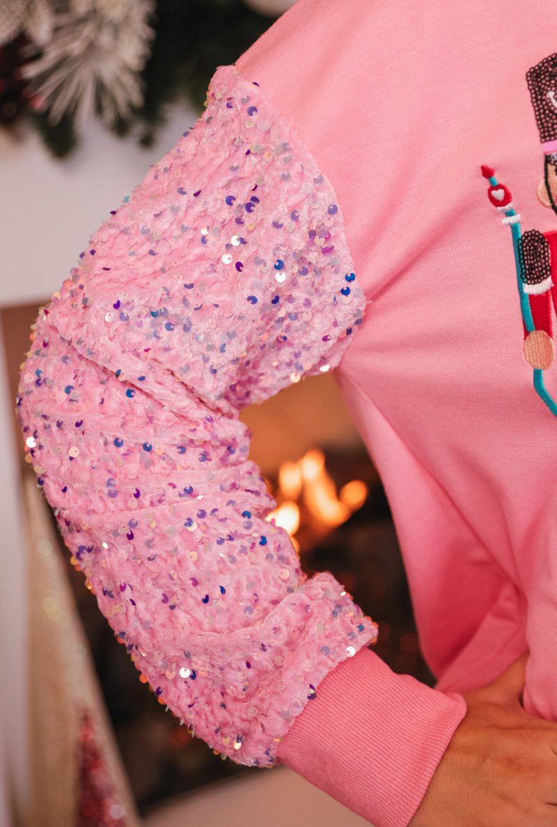 Pink Sequin Nutcracker Season to Sparkle Long Sleeve Christmas Holiday Top