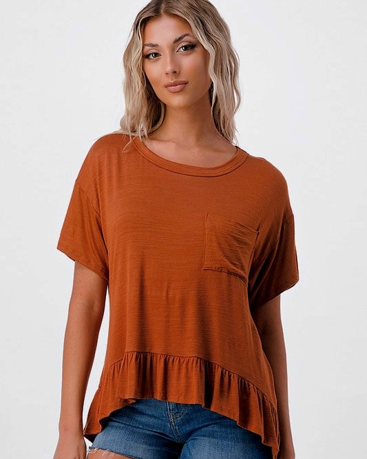 Solid Brown Round Neck Ruffle Hem T-Shirt Short Sleeve Top