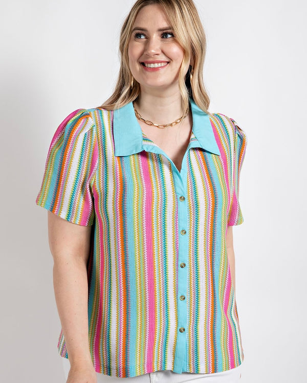 S-2X Blue Multicolor Striped Puff Sleeve Collared Button Down Top