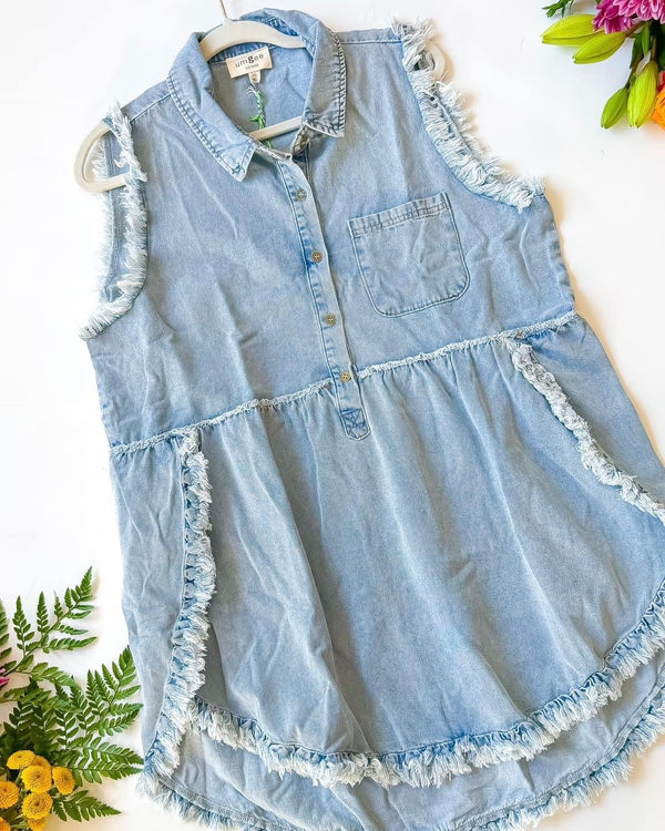 Plus Size Light Denim Sleeveless Tunic Dress Top with Raw Edges