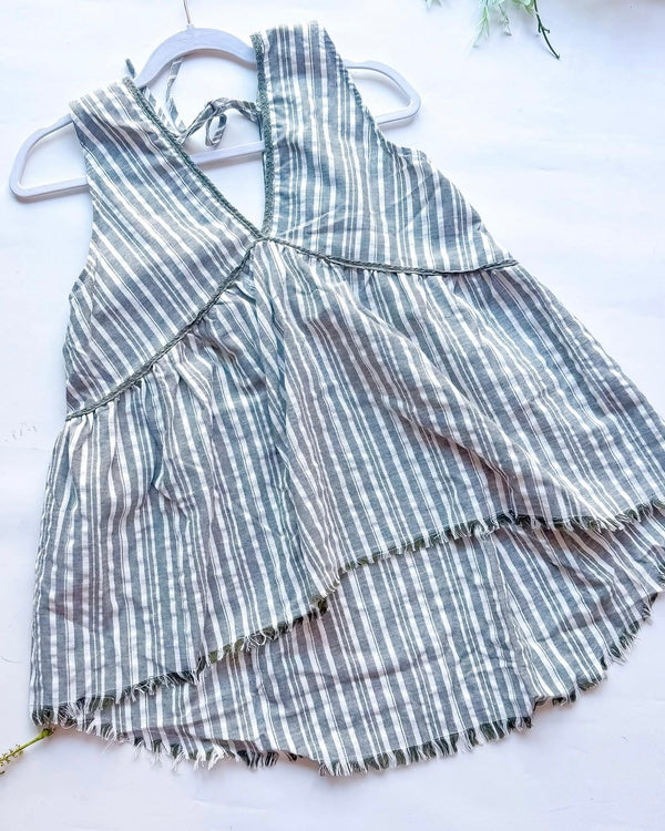 Boho Gray & White Stripe Sleeveless Hi/Lo Tunic Fray Edge Tank Top