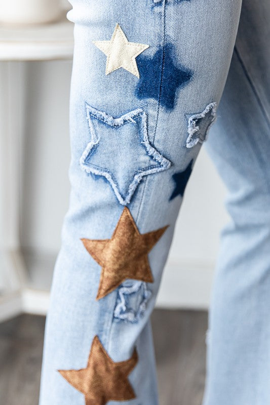 Washed Star Patch Boot Cut Flare Denim Blue Jean Pant