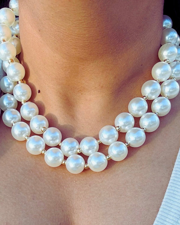 Double Pearl Beaded Chunky Short Necklace with Gold Heart Pendant