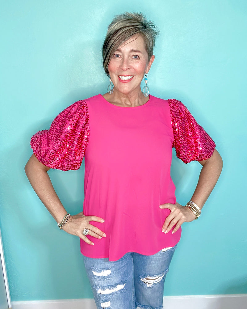 Hot Pink Round Neck Top with Short Bubble Puff Sequin Sleeves