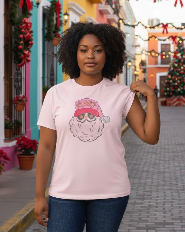 Pink "Jolly" Trucker Hat Santa Short Sleeve Holiday Christmas T-Shirt Top