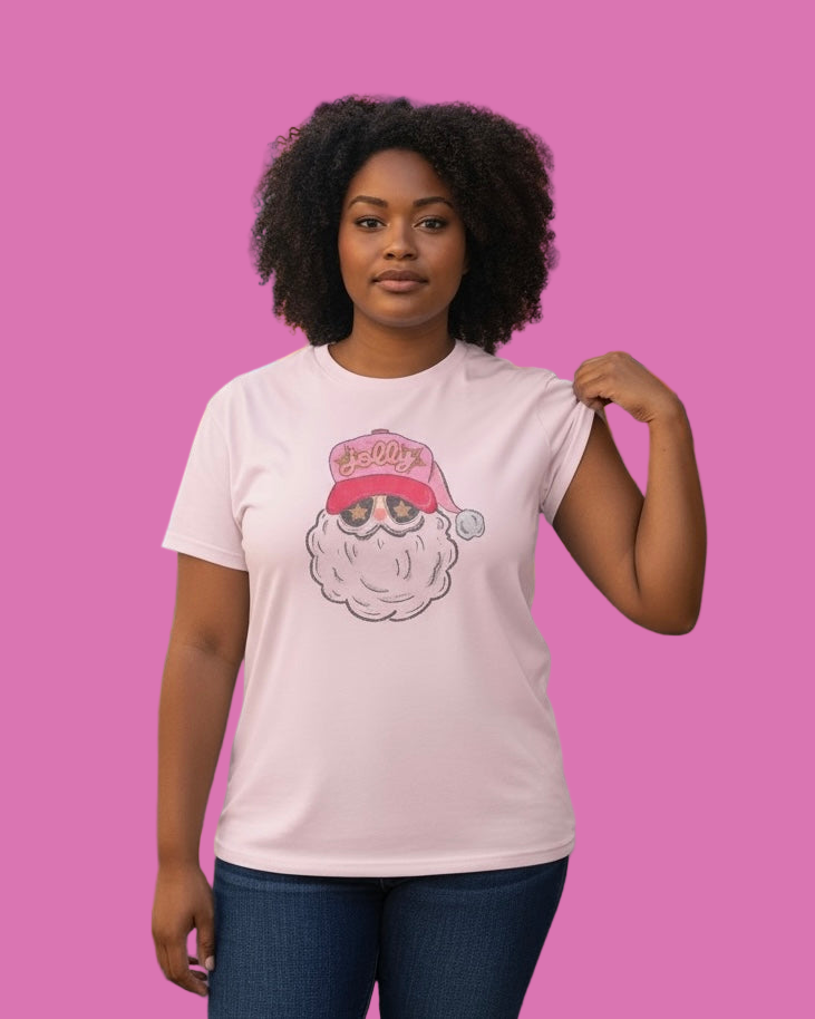 Pink "Jolly" Trucker Hat Santa Short Sleeve Holiday Christmas T-Shirt Top