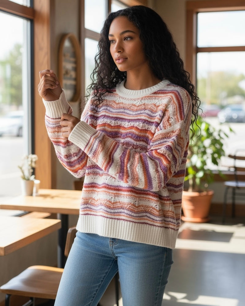 Cream Multicolor Stripe Pattern Long Sleeve Yarn Stitch Sweater