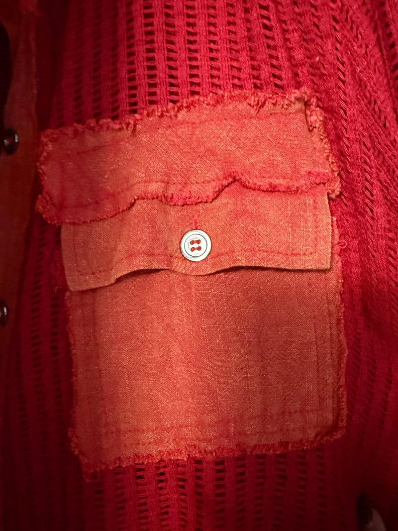 Emerald Green, Sage Green, Red or Neutral Cream Open Knit Button Down Pocket Hoodie Long Sleeve Shirt Shacket Top