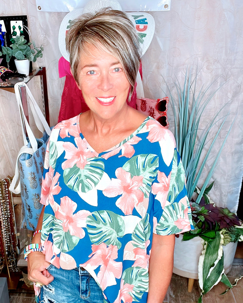 Blue Tropical Boxy Blouse with Large Pink and Green Floral Prints