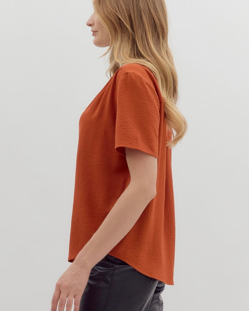 Longhorn Burnt Orange Rust Split Neck Short Sleeve Top