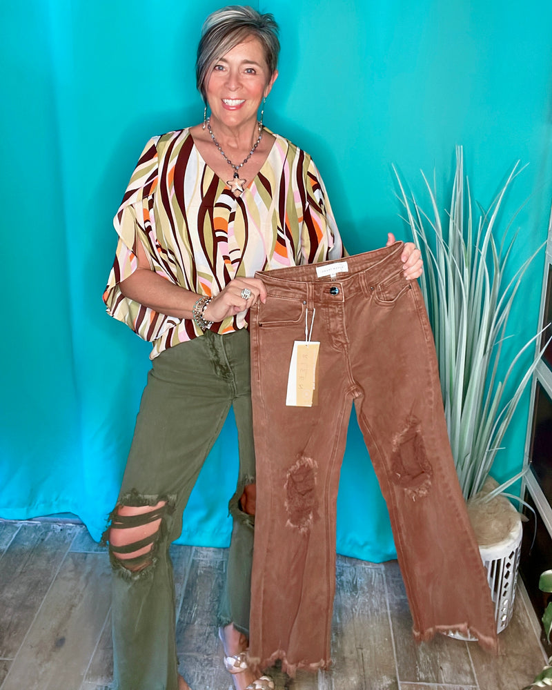 Moss Green or Expresso Brown High Rise Stretch Colored Straight Leg Ankle Frey Jeans Denim Pants