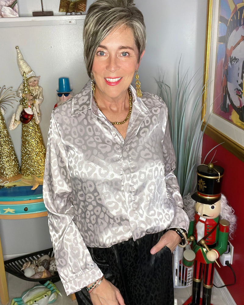 Grey or Navy Blue Leopard Satin Like Long Sleeve Button Blouse