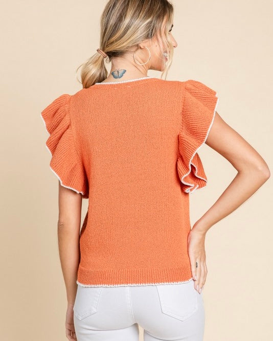 Green, Orange, Pink or Red Light Summer Knit Ruffle Cap Sleeve Sweater