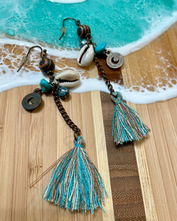 Turquoise Blue Tassel Dangle Earrings with Shell & Turquoise Charms