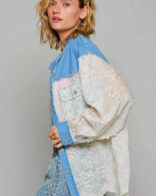Light  Chambray Denim & Pink Lace Crochet Long Sleeve Collar Button Down Shirt Jacket