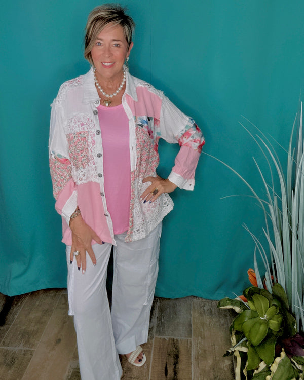 Boho Mix Media Pink & White Floral & Crochet Balloon Long Sleeve Relaxed Shirt Jacket