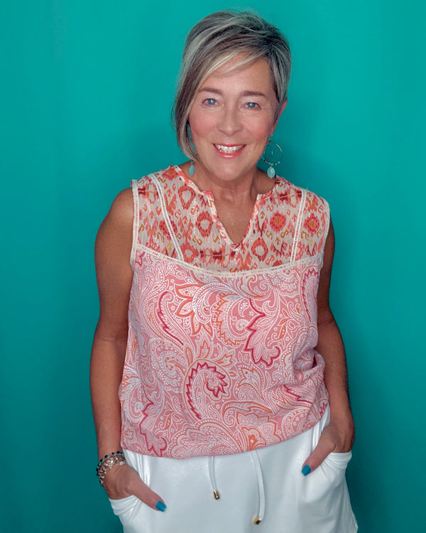 Pink Boho Paisley Short Cap Sleeve Top
