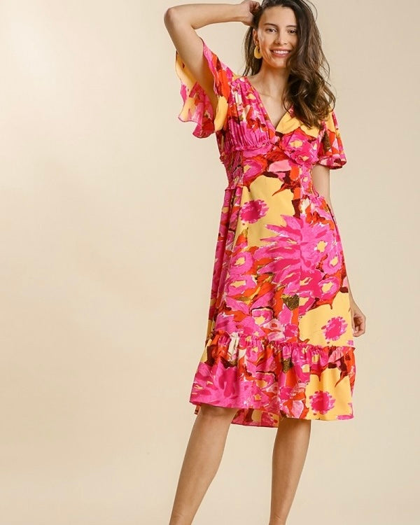 Bright Abstract Pink w/Bold Yellow Flowers Short Sleeve Dress