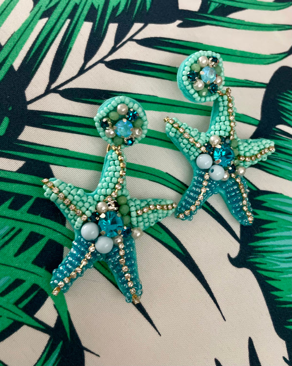 Turquoise Multi Beaded Rhinestone Post Dangle Starfish Earrings