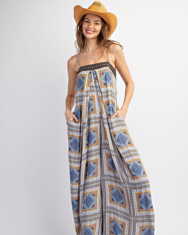 Blue & Brown or Pink & Black Graphic Square Boho Lightweight Spaghetti Strap Sleeveless Wide Leg Jumpsuit