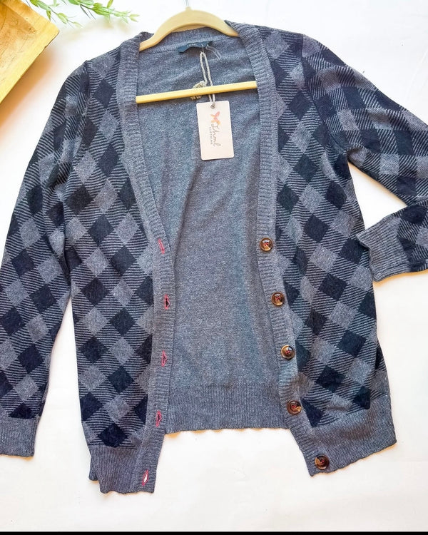 Gray & Black Checkered Open Front Button Long Sleeve Cardigan Sweater