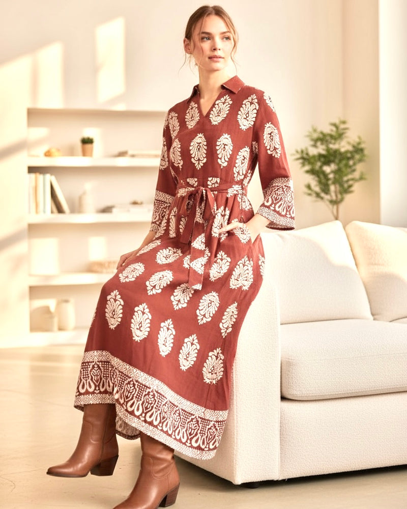 Terra Cotta & White Damask Contrast Print Long Sleeve Belted Midi Dress