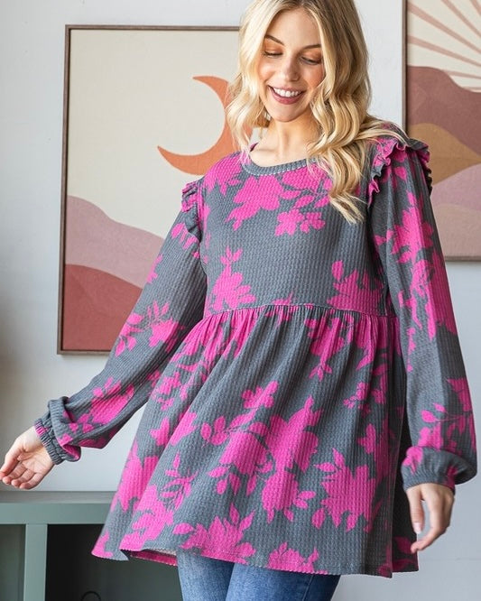 Plus Size Gray & Pink Waffle Texture Long Sleeve Babydoll Top