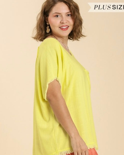 Plus Size Yellow Linen Frayed Edge Short Sleeve Top