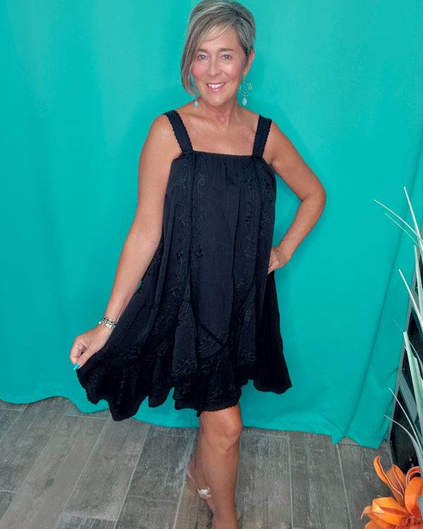Solid Black Wide Strap Sleeveless Embroidery Sun Dress