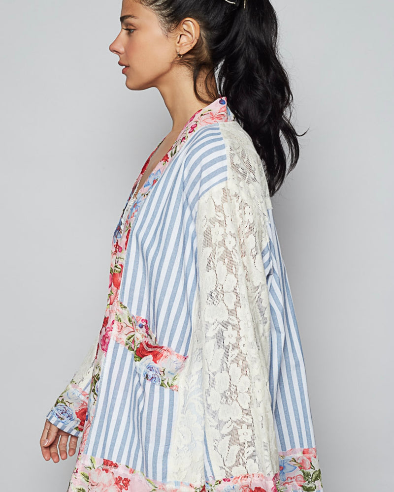 Blue & White Strip Floral and Lace Mix Long Sleeve Open Front Cardigan Top