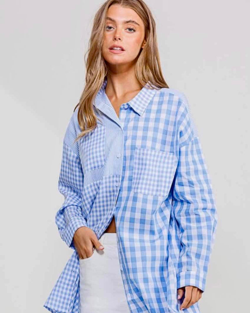 Black & White or Blue & White Mixed Plaid Button Front Long Sleeve Collared Tunic Shirt Dress