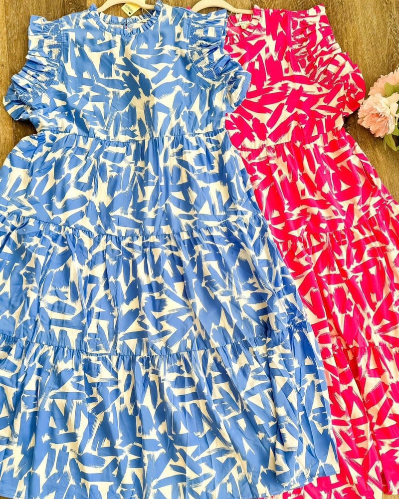 Plus Size Pink & White or Blue & White Graphic Print Tier Layer Midi Dress