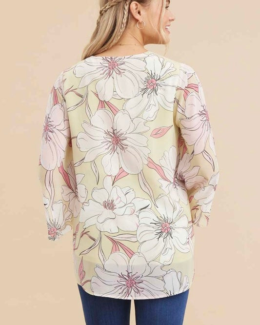 Pistachio Chiffon Large Flower Print Waterfall 3/4 Ruffle Sleeve VNeckline Blouse