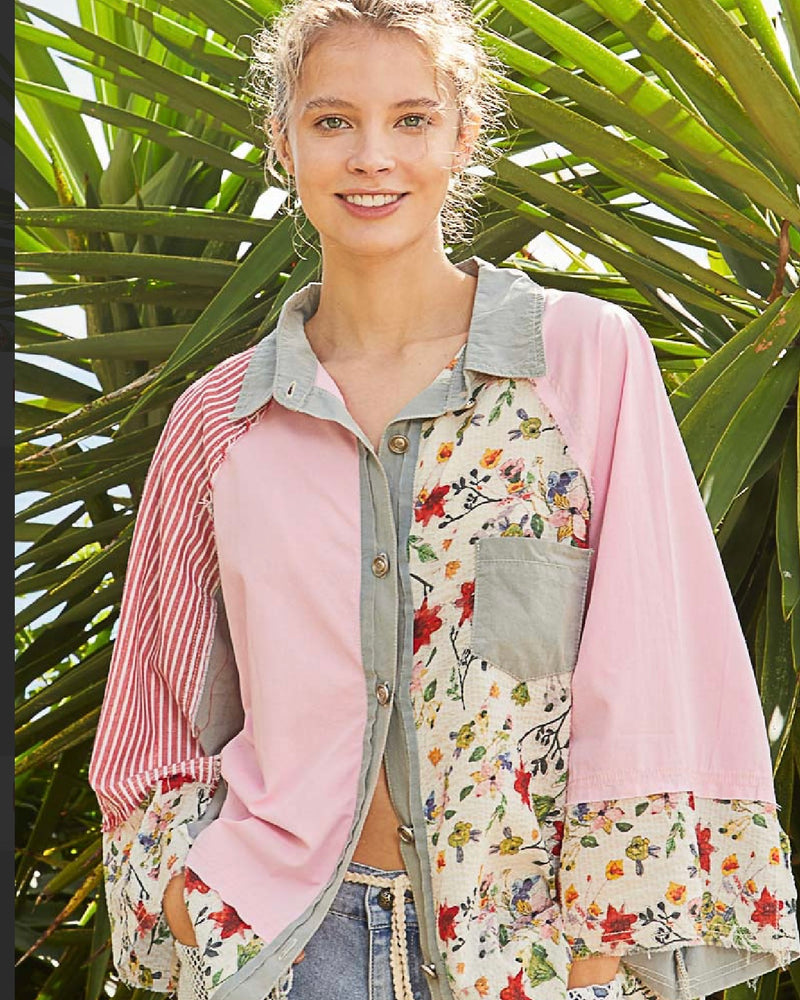 Cotton Boho Pink, Red & Orange Mix Media Block Button Down 3/4 Wide Sleeve Collared Raglan Shoulder Fray Edge Oversize Top
