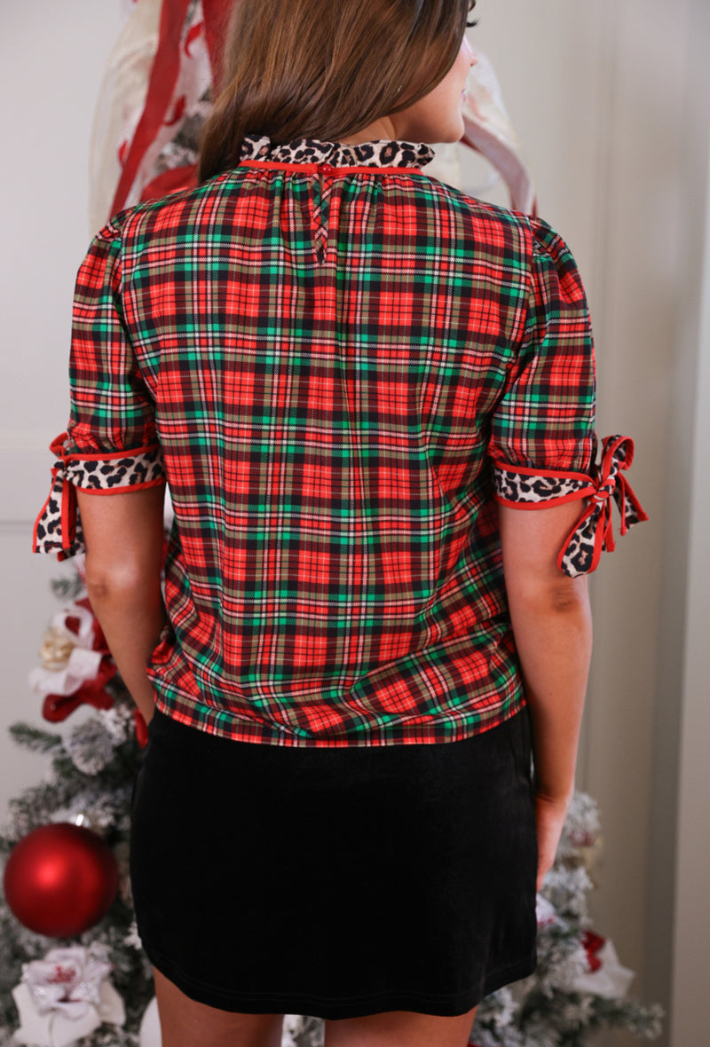 Red & Green Plaid Leopard Bow Accent Short Sleeve