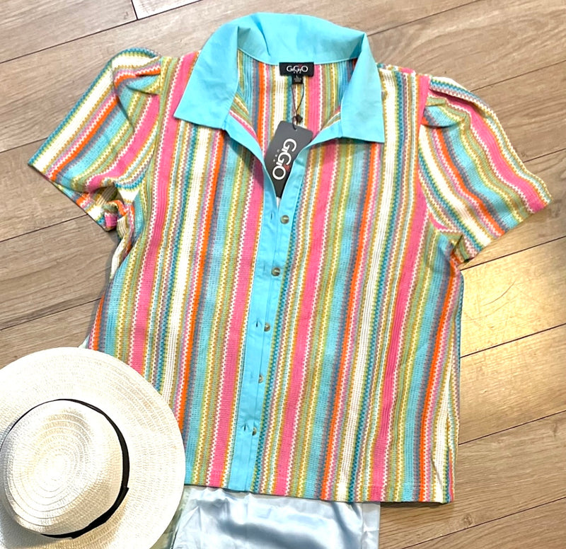 S-2X Blue Multicolor Striped Puff Sleeve Collared Button Down Top