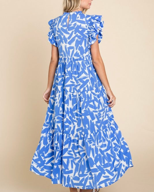 Plus Size Pink & White or Blue & White Graphic Print Tier Layer Midi Dress