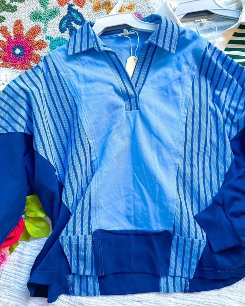 Blue & Navy Blue Color Block Striped Loose Fit Long Sleeve Open Neck Top