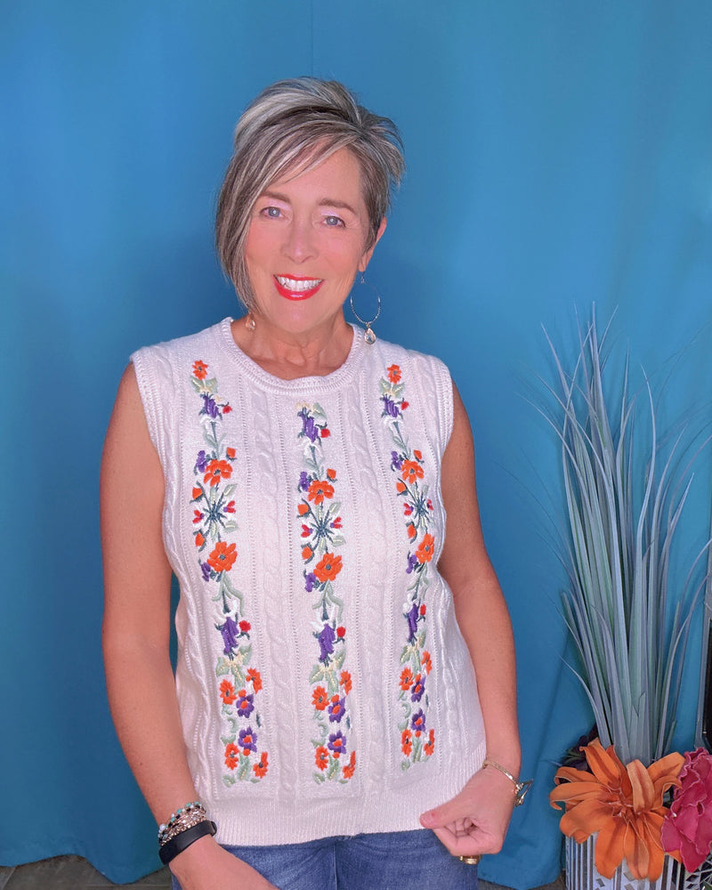 Sleeveless Cream Off White Light Knit Sweater Vest with Embroidery Floral Top