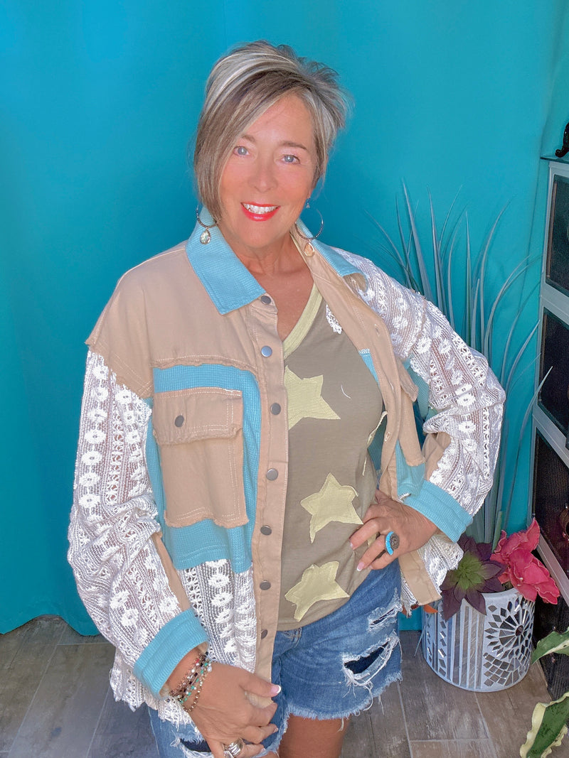 Aqua Teal Boho Button Down Thermal Crocket Mix Fabric Fray Edge Long Sleeve Oversized Shirt Jacket