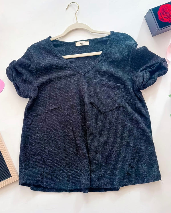 Black Light Knit Pocket Short Sleeve Sweater Top