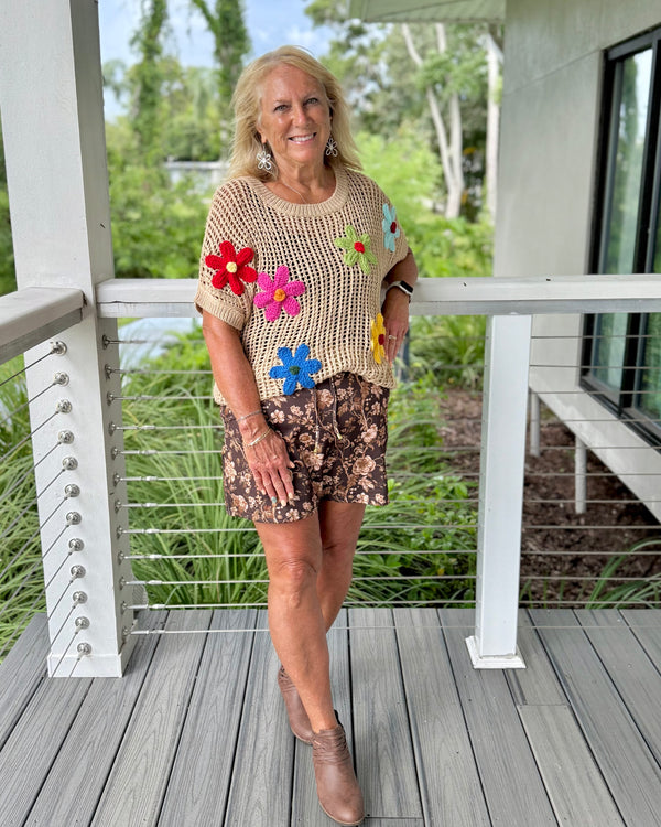 Tan Khaki Hollowed Lightweight Knit Sweater with Bright Crochet Embroidered Flowers