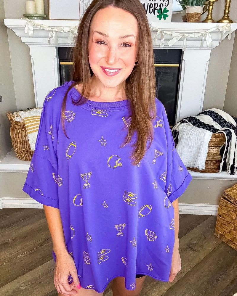 Purple w/Yellow Gold Football Short Sleeve Sweatshirt Top