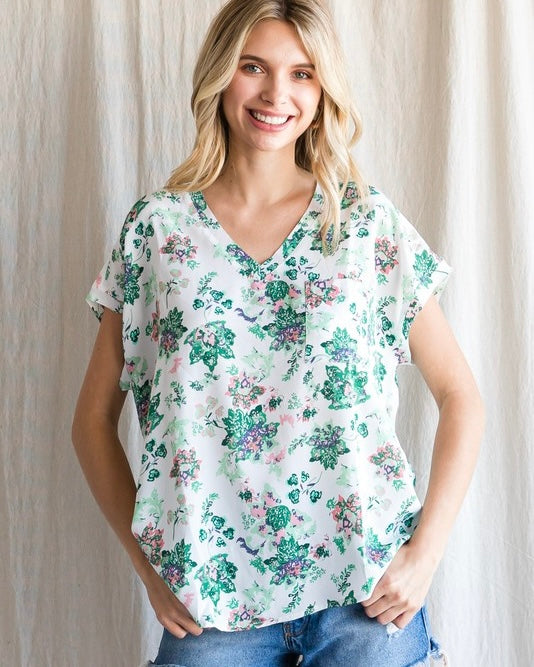 Green & White Multicolor Floral Boxy Dolman Cap Sleeve Top