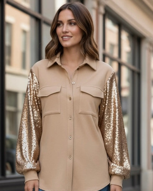 Khaki Button Down Sequin Long Sleeve Jacket Top