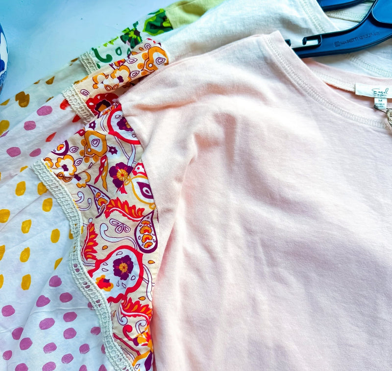 Cream, Peach or Yellow Cotton Outside Stitch Dot/Floral Jersey Top w/Mix Print Puff Long Sleeve