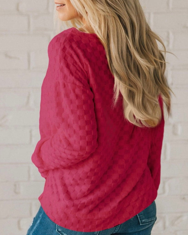 Magenta Pink Checkered Print Long Sleeve Pullover Top